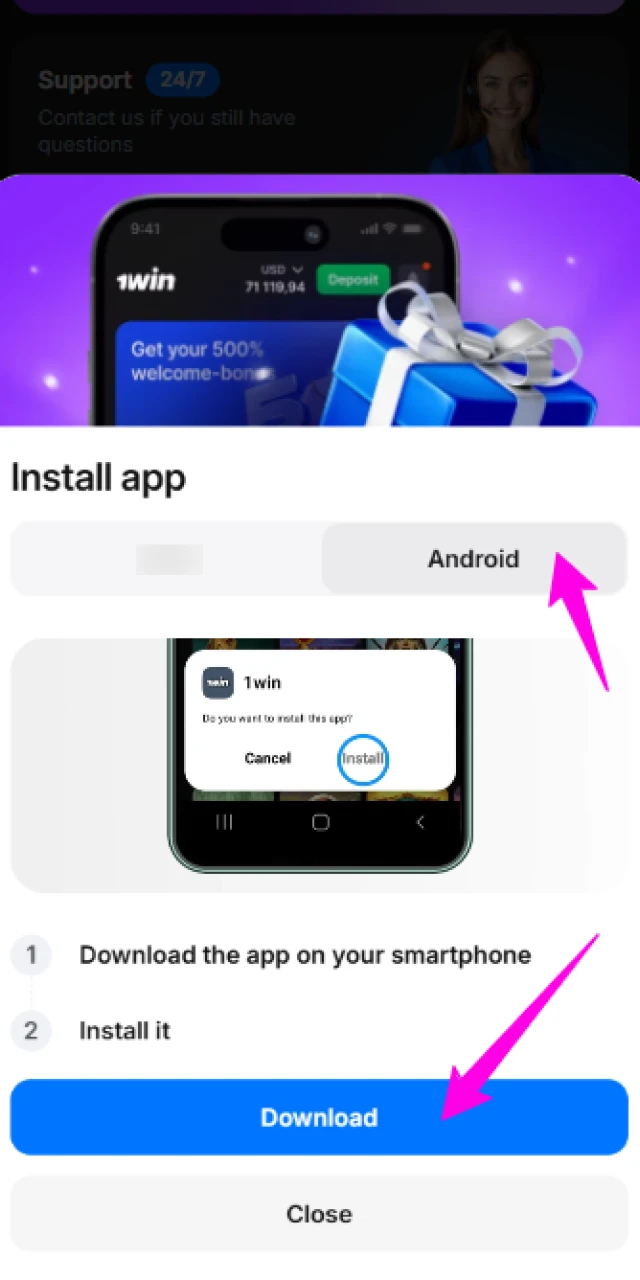 1win plinko android download how to go to download section