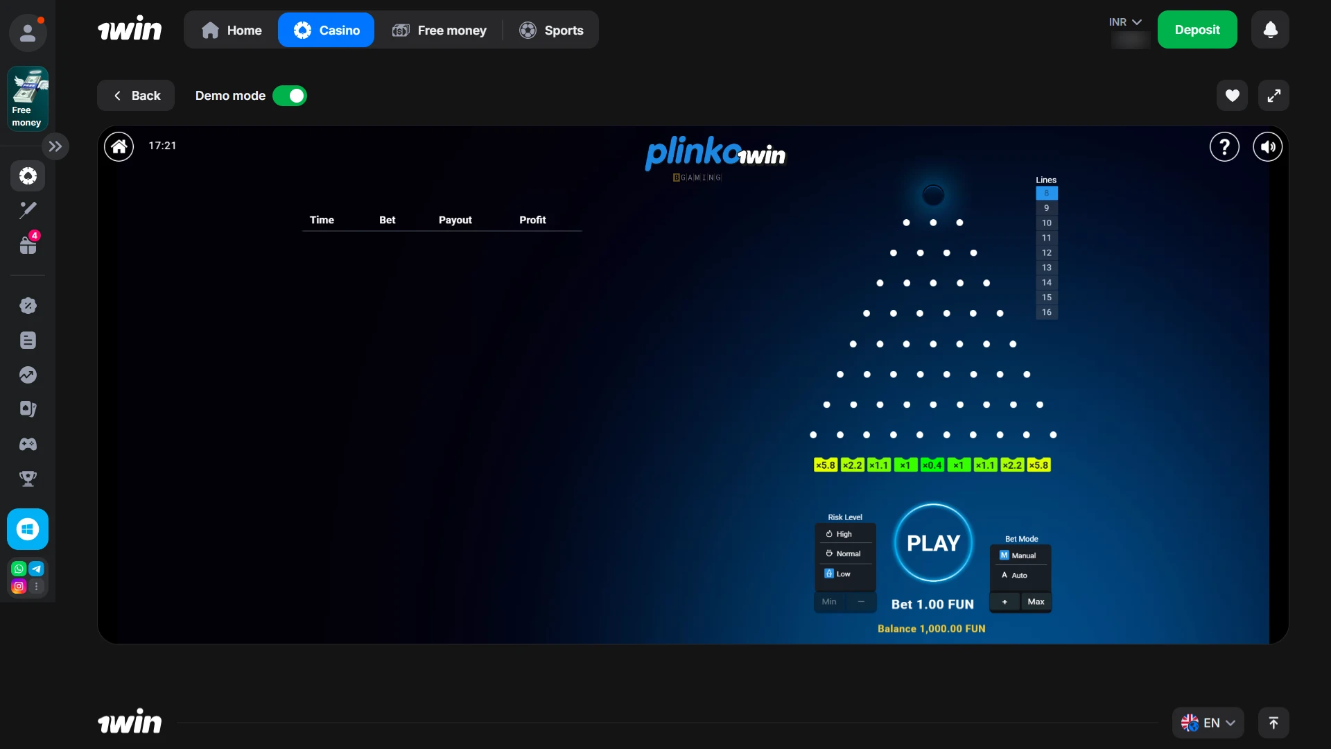 1win plinko interface desktop game start