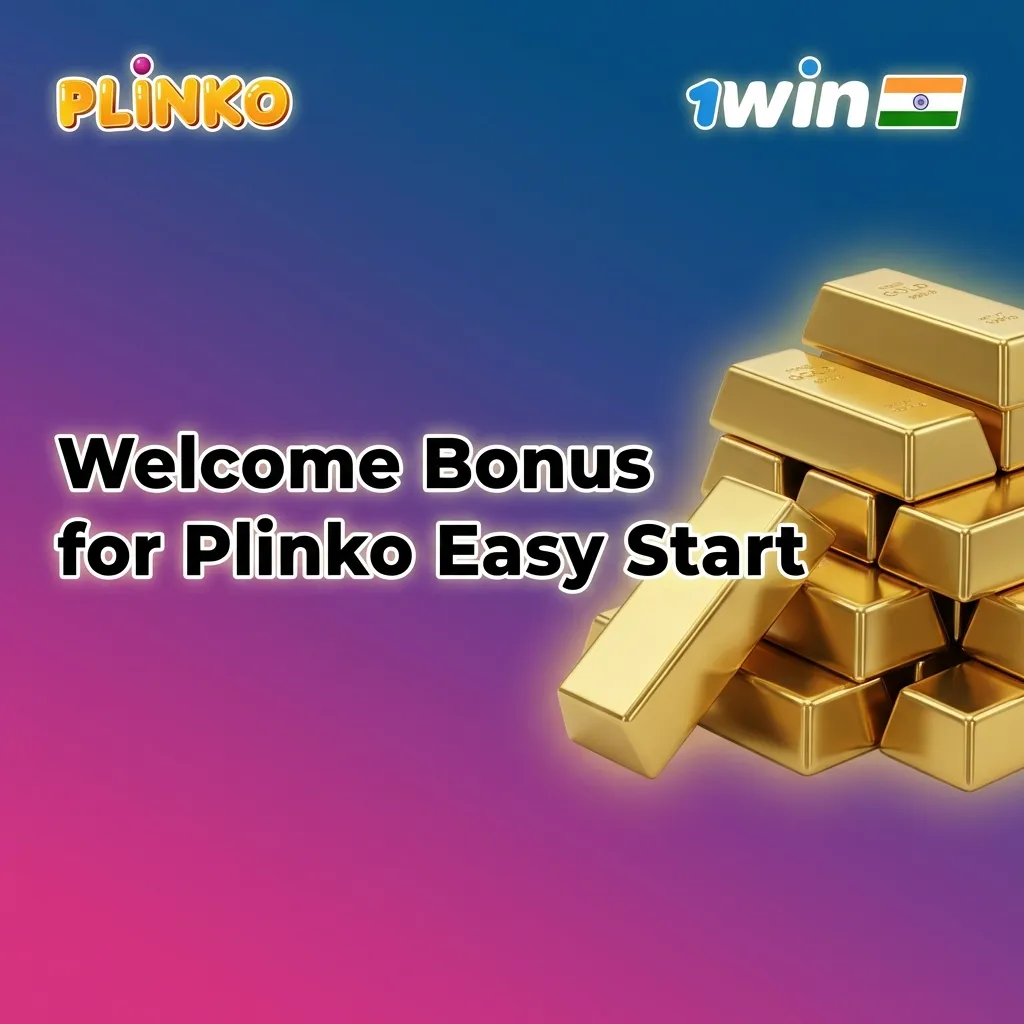 Colorful 1win Plinko welcome bonus banner showing 500% up to ₹1,80,000 with coins, chips, and promo code text