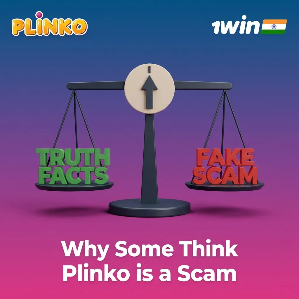 Illustration of Plinko board with skeptical player, scam signs, and social media icons suggesting misleading Plinko promotions
