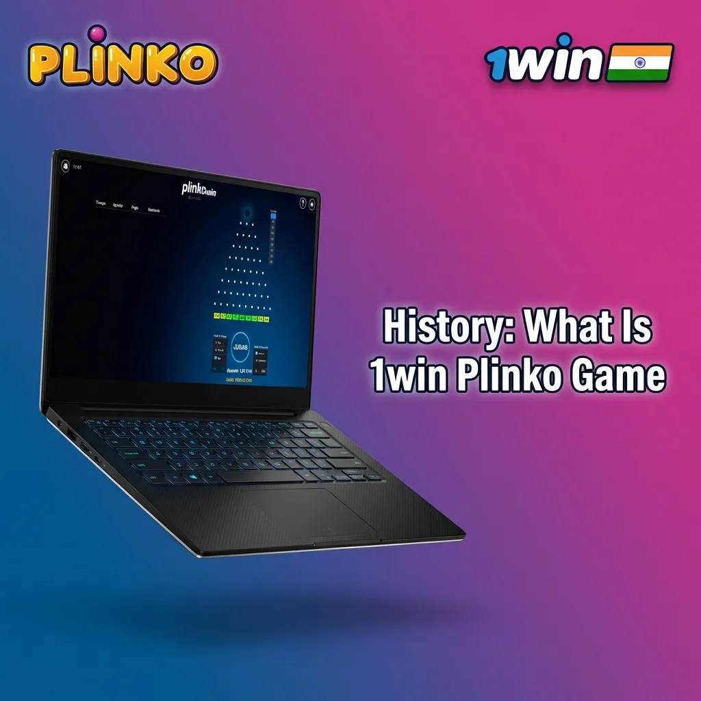 Illustration of 1win Plinko: ball dropping through pegs into prize slots, BGaming logo and brief studio info shown