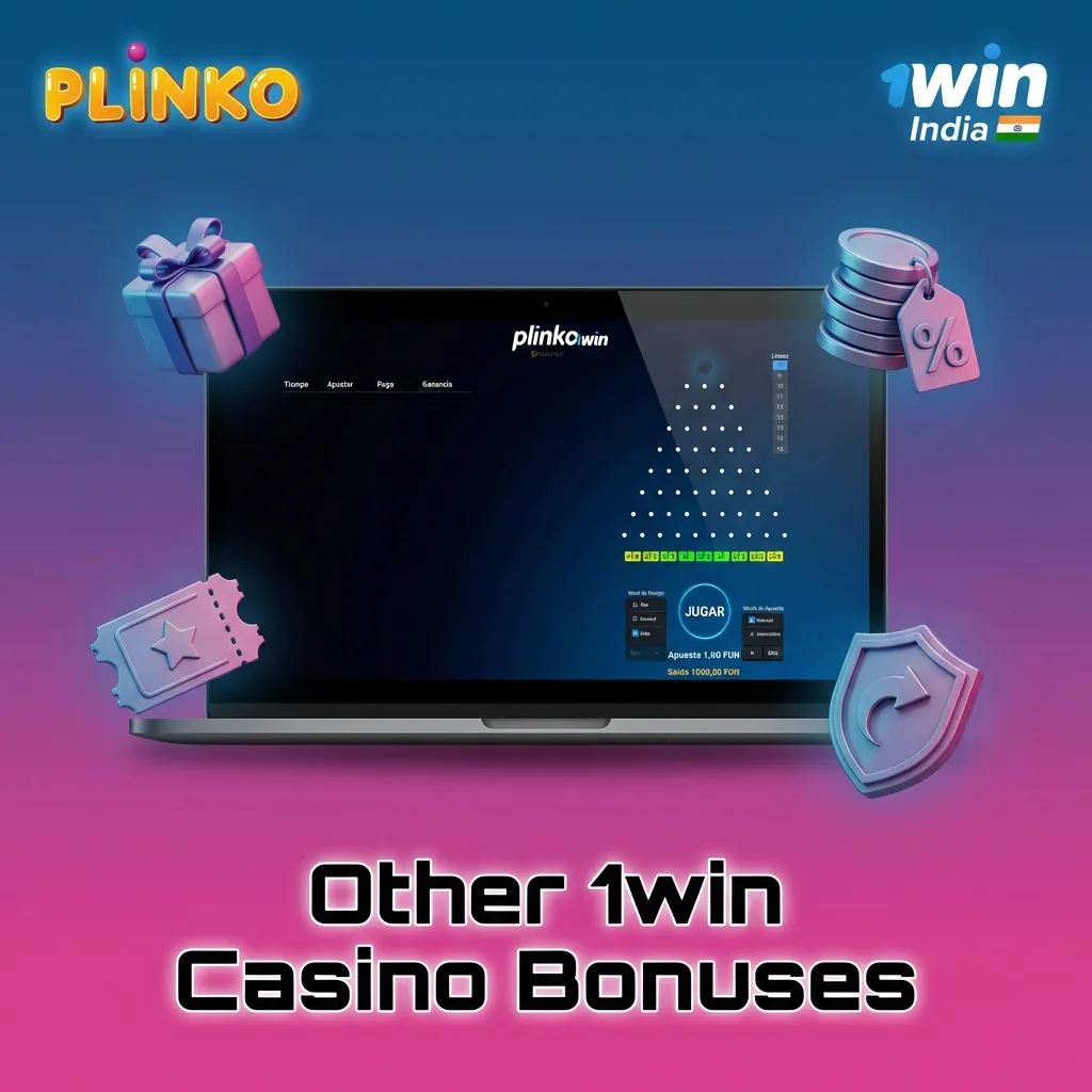 Graphic listing 1win casino bonuses: cashback, reload offers, free spins, and VIP rewards for Indian online players.